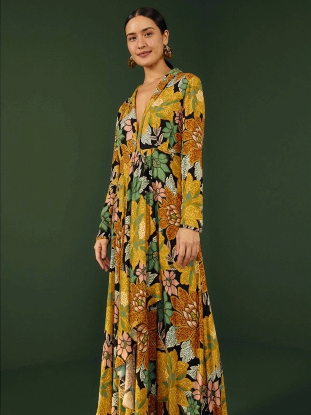 Farm Rio - Black Garden Long Sleeve Maxi Dress XS
